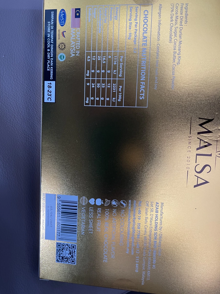 MALSA 凍乾貓山王榴槤黑巧克力